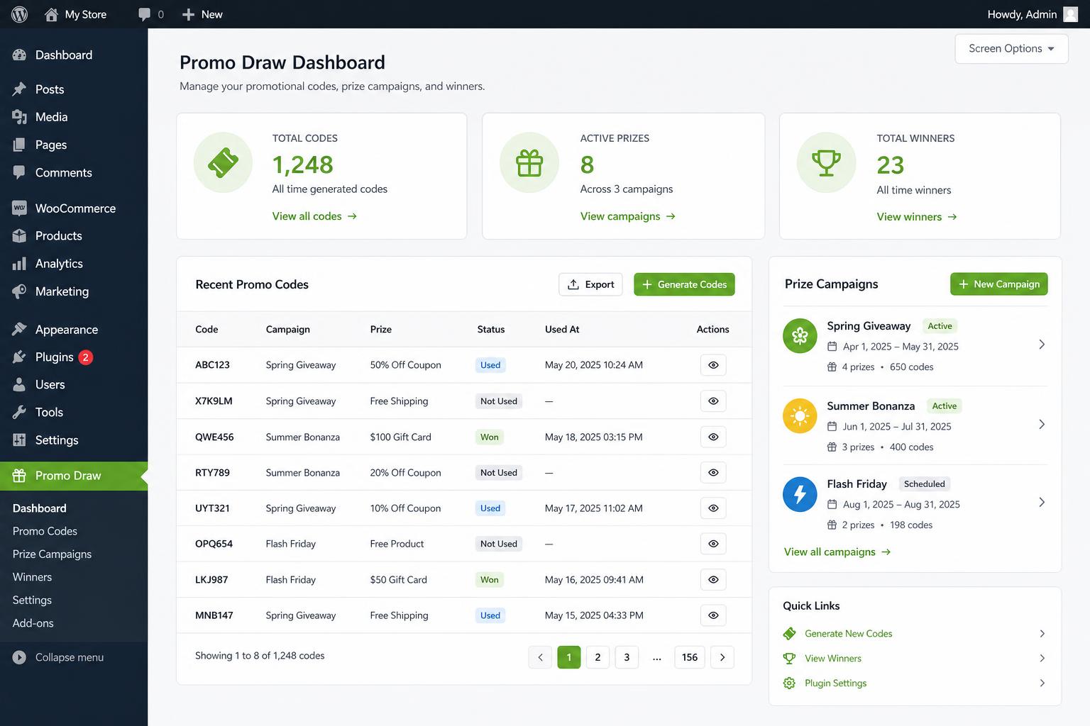 CodeWin Promo WordPress admin dashboard